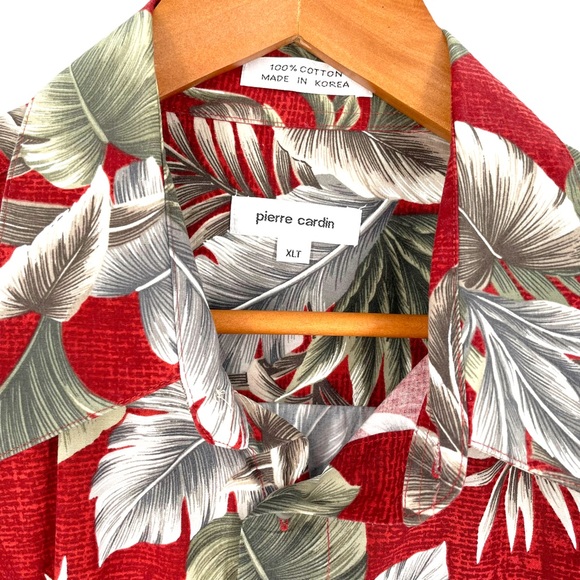 Pierre Cardin 100% Cotton Aloha Shirt in Red & Gray Tropical Plant Print in XLT - Picture 6 of 11
